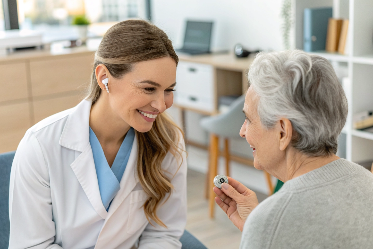 A professional audiologist consulting with a patient about hearing aid options