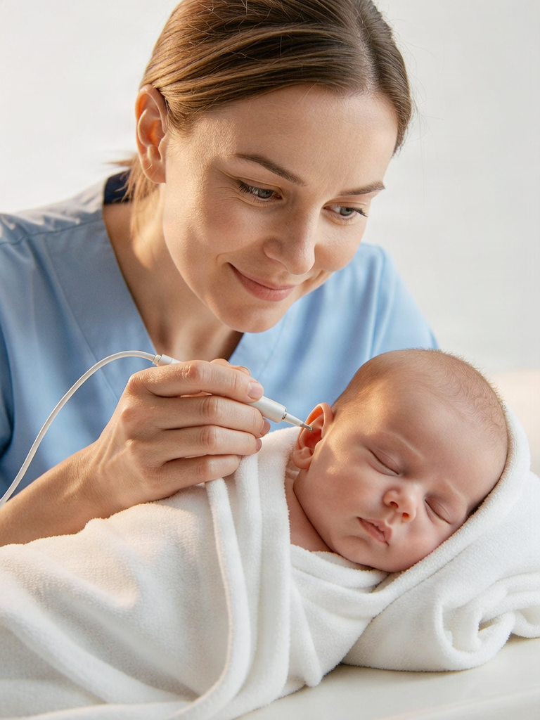Healthcare professional performing OAE hearing screening test on a newborn baby